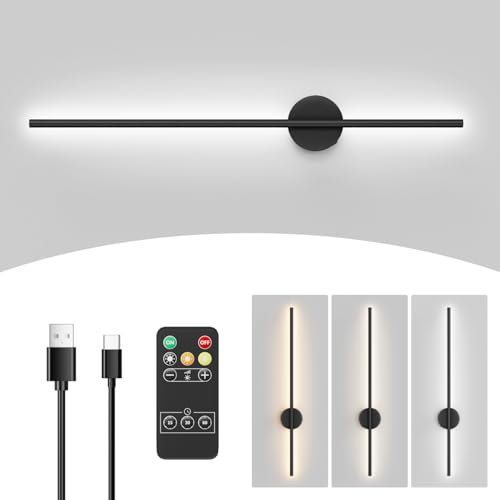 Aipsun akku Wandleuchte mit Fernbedienung innen| 10000mAh - 120CM Lang Schwarz 6W 360° Drehbare Wohnzimmerlampe mit Dimm- und Timing-Funktionen| 3000K-6000K| für Wohnzimmer| Schlafzimmer| Esszimmer