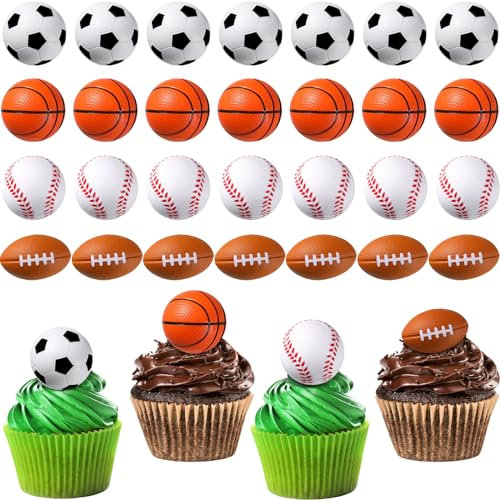 XunYee 3D-Sport-Cupcake-Topper, Schaumstoff, Baseball, Rugbyball, Cupcake-Picks, Basketball, Fußball, Kuchendekoration, Dekoration für Sportball, Spiel, Themenparty, Zubehör, Dekoration, 32 Stück