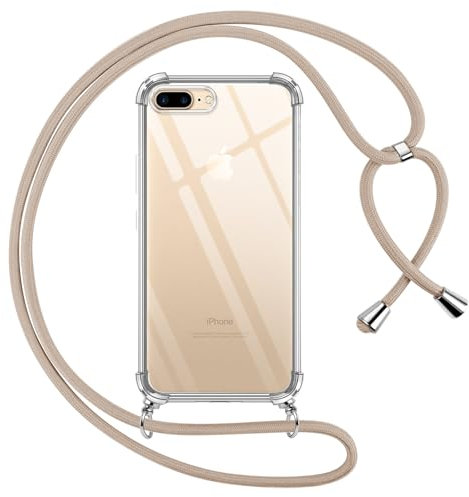 Pnakqil Coque pour iPhone 8 Plus/iPhone 7 Plus avec Cordon, Transparente Silicone Housse avec Réglable de Collier Anti-Chute Etui pour iPhone 8 Plus, Ètuis à Bandoulière 5.5, Kaki