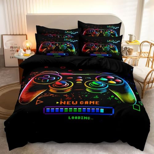 Luowei Bettwäsche 135x200cm Schwarz 3D Spielthema Muster Modern Mikrofaser Bettbezug mit Reißverschluss und 1 Kissenbezüge 80x80cm