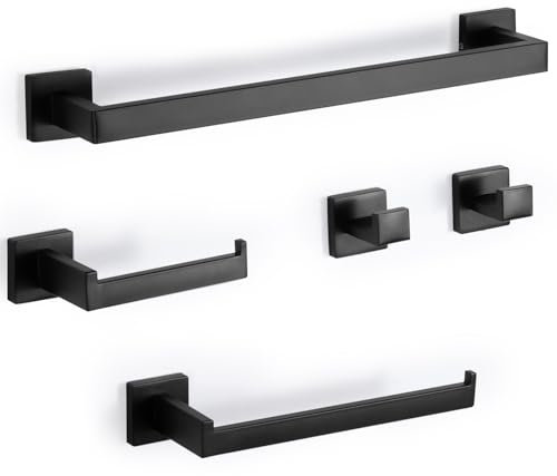 Virklyee Set Porta Asciugamano 5 Pezzi 43CM Portasciugamani in Acciaio Inox Porta Carta Igienica 2 Gancio per Asciugamani Montaggio a Parete Set Accessori da Bagno, Foro di Perforazione(Nero)