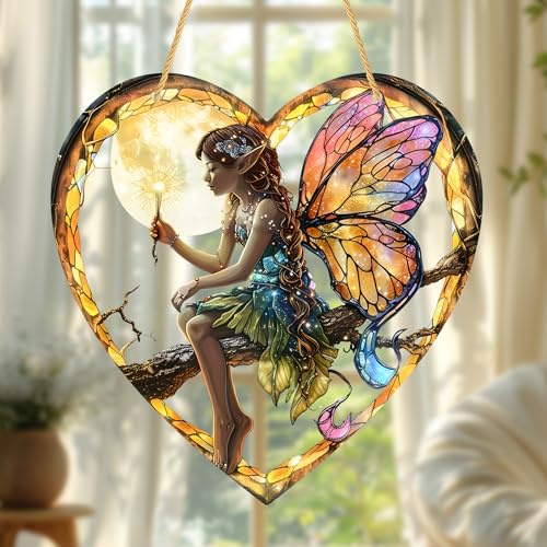 1 x Blumenfee Acryl Buntglas Sonnenfänger Natur Herzform Magie und Schmetterling Mädchen Sonnenfänger Hängende Dekoration mit Schnur Sonnenfänger für Fenster Dekor Outdoor Garten Dekor Geschenk (Gelb)