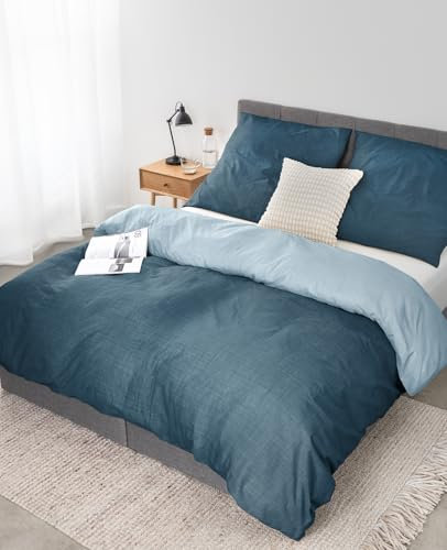 lionto dibea Renforcé-Wendebettwäsche aus 100% Baumwolle, 155x220 cm, Kissenbezug 80x80 cm, 4-teilige Bettwäsche zu jeder Jahreszeit, pflegeleicht und formstabil, inkl. Oeko-TEX Zertifikat, blau