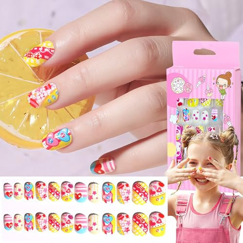 24 Stück Press On Nails Set - Nägel Zum Aufkleben Kurz für Kinder, Selbstklebende Künstliche Fingernägel Set Falsche Kunstnägel für Mädchen Kleinen Händen Damen, Children's Fake Nails (Bunt A)