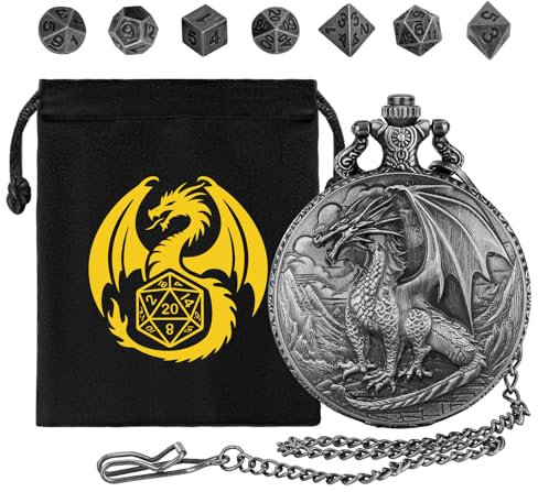 Mini DND Würfel Set, mit Steampunk Stehender Drache Taschenuhrgehäuse, 7-teilige Polyedrische Metall D&D Würfel, DND Geschenke mit Drachen Logo, Geschenktasche, Rollenspiel, Brettspiel-Zubehör, Silber