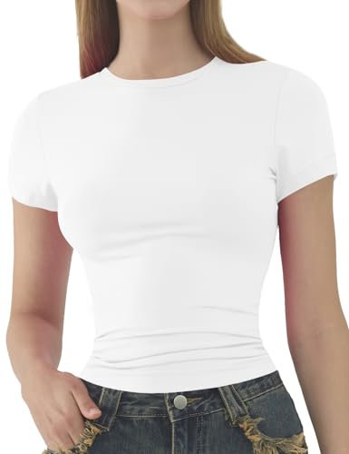 Womens Basic Short Sleeve Slim Fit T Shirts Soft Crewneck Crop Y2k Tees Summer Stretchy Cute Tops White S