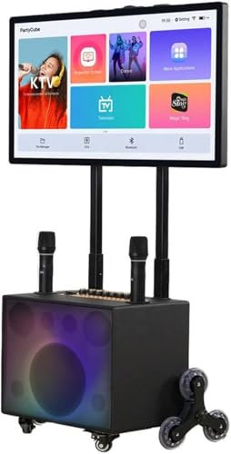 HERGDB Portable Karaoke Machine Complete Karaoke System Includes Bluetooth Speakers on Wheels, 2 Bluetooth Microphones, Disco Ball, LED Speaker Light, Cell Phone Stand black/83