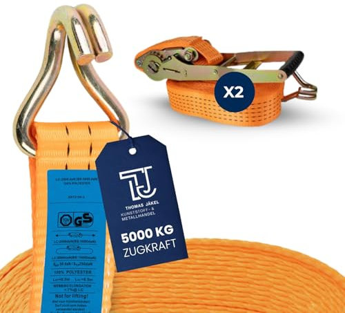 TJ Langhebel Spanngurte 2 Stück I 8m Länge I 50mm Breite I Ratschengurte mit 5000kg Belastbarkeit I Zurrgurt zweiteilig I TÜV & GS-Zertifiziert I Zurrschlaufen mit Ratsche & Haken zur Lastensicherung