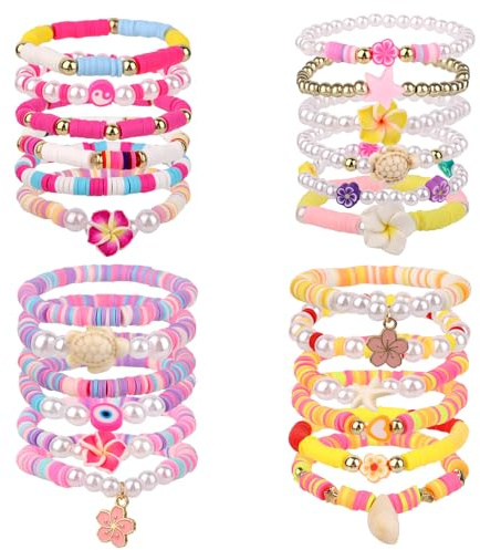 Mikovivi 24 Stück Hawaiianische Tropische Plumeria-Freundschaftsarmbänder, Elastische Perlenarmbänder im Böhmischen Stil Y2K Sommer Strandschmuck für Hawaii Mottopartys Luau Strandparty Geschenke