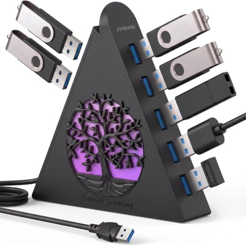 JoyReken 7-Port USB 3.0 Tree Hub, vertikaler USB-Hub-Splitter mit RGB-Baumbeleuchtung, 5 Gbit/s High-Speed-Datenübertragung und 60 cm Verlängerungskabel, kompatibel mit PC, MacBook, Laptop, PS5, Xbox