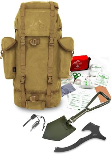 Survival Set BW Bundeswehr Flecktarn Kampfrucksack + Bundeswehr Spaten nach TL + Tomahawk M48 + Feuerstarter + Erste Hilfe Notfall Kit Farbe Coyote