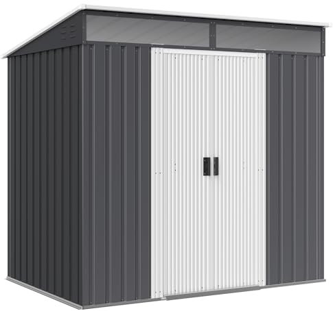 Outsunny 6.5 x 4FT Galvanised Metal Garden Shed with Double Sliding Doors and 2 Vents, Lockable Tool Storage House with Foundation Kit, Grey