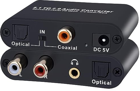 Tendak Convertitore audio DAC, convertitore audio digitale 5,1 da Toslink SPDIF coassiale a SPDIF RCA L/R adattatore audio Aux da 3,5 mm, convertitore audio da digitale ad analogico