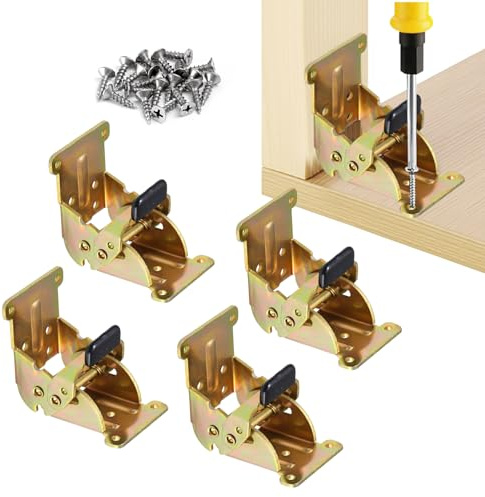 Folding Brackets 4 Pack, Heavy-Duty Self-Locking Hinges with Screws, Foldable Lock Extension Support Brackets for Table Legs, Bed Legs, Workbenches – Gold