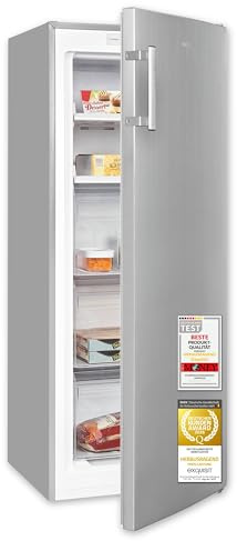 Exquisit GS5231-NF-H-040C Gefrierschrank, 161 Liter, No-Frost, Inox-Look | Freistehender Gefrierschrank mit LED-Display, Schnellgefrierfunktion, 3 Schubladen & wechselbarem Türanschlag
