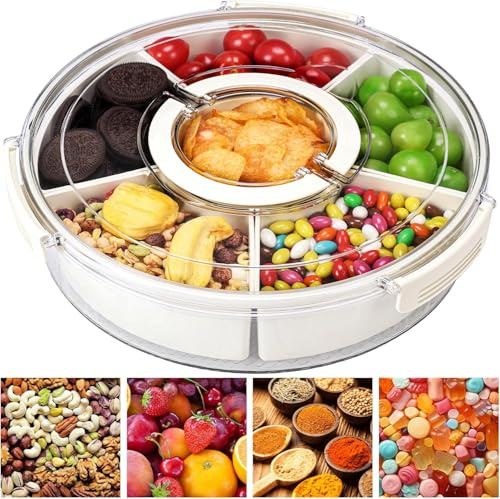 LATERN Unterteilung Serviertablett mit Deckel und Griff, 360° Drehbar Luftdichte Aufbewahrungsbehälter mit 6 Innenboxen für Snack Süßigkeiten Salat Obst Gemüse Fleisch Hält Lebensmittel Frisch Knackig
