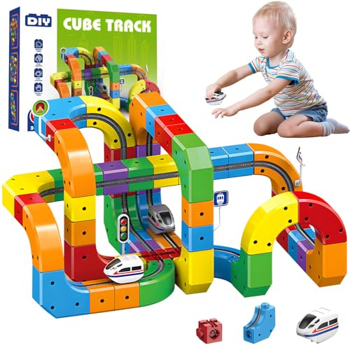 81 Stück Eisenbahn Kinder Elektrisch, Spielzeugeisenbahn Zug Spielzeug | Flexible Rennstrecke, Cubix 3D Zug, Cube Track Block Zug mit Schwerkraftdefying 3D-Layouts, Magnetblöcke & Motorisierter Zug