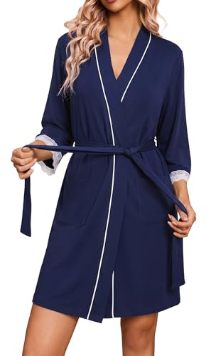 Ocextami Morgenmantel Damen Baumwolle Kimono Bademäntel Kurz Gürtel 3/4 Ärmel Spitzenbesatz mit Taschen Nachtwäsche Robe für Zuhause Urlaub Spa