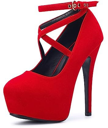 OCHENTA Women's Ankle Strap Platform Party Closed Toe Dress High Heels Pumps, #11 Red, 6 UK
