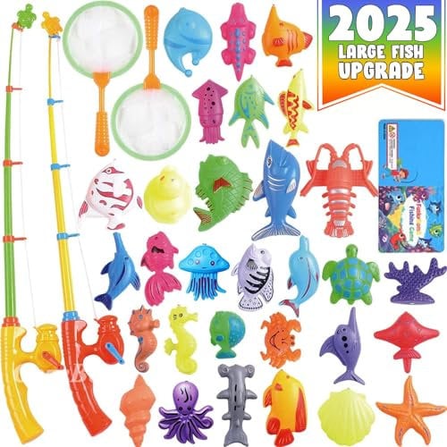 CozyBomB Magnetic Fishing Toys Game Set Age 3+ for Kids for Bath Time Pool Party with Pole Rod Net, Plastic Floating Fish - Toddler Education Teaching Christmas Birthday Gifts for Kids Ocean Sea Animals