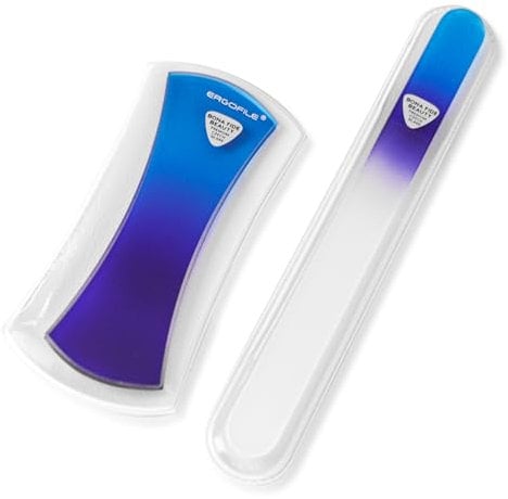 Glas-Nagelfeilen-Maniküre-Set, 2-teilig, blau, ergonomischer Komfort-Griffbogen, Ergofile für sanftes und effizientes Feilen, Nagelpflege-Werkzeuge von Bona Fide Beauty, echtes tschechisches Glas