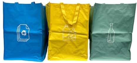 ADEPTNA Heavy Duty Reusable Pack of 3 Recycle Bags With Strong Handles Colour Coded Plastic Glass Paper Storage Bin Bag Sack