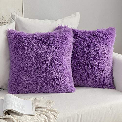 MIULEE 2er Set Kissenbezüge Künstlich Pelz Sofakissen Dekorative Dekokissen Kuschelkissen Plüschkissen Kuschelig Couchkissen Superweich Kissen Flauschig Kissenbezug für Sofa 60x60 cm Lila