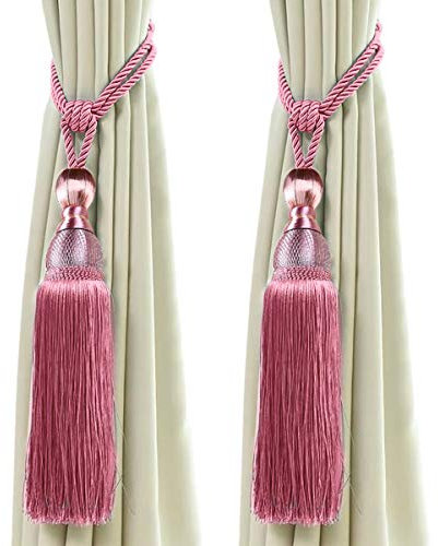 2 Stück Vorhang Raffhalter, Vorhang Clips Seil Bindeband, Vorhang Schnalle Holdbacks mit Quaste Ball Vorhang Dekoration (Rosa)