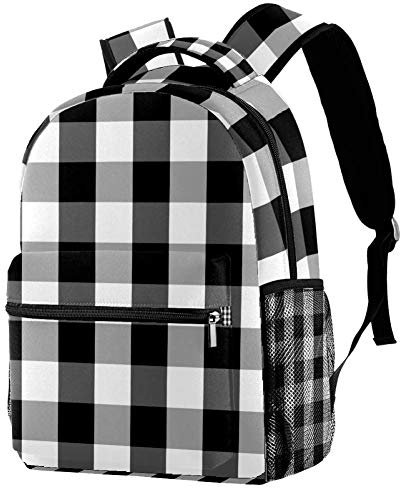 LORVIES Strukturierter Rucksack mit Schottenmuster, schottisches Karomuster, Schwarz und Weiß kariert, lässiger Rucksack, Schulterrucksack, Büchertasche für Schule, Studenten, Reisetaschen