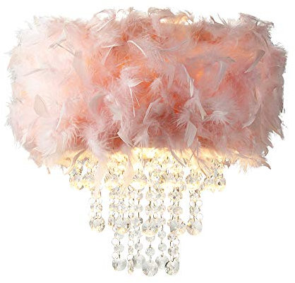 Contemporary Designer Real Pink Feather Chandelier Pendant Light Shade with Transparent Hanging Acrylic Droplets | 32cm Diameter by Happy Homewares