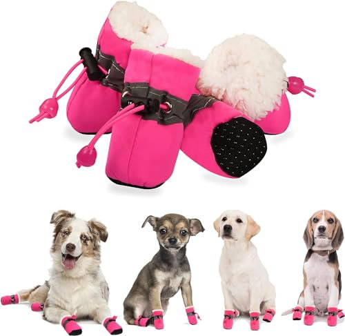 YAODHAOD Pfotenschutz für Hunde,Plüsch Hundestiefel, Bequeme Atmungsaktive, rutschfeste Schuhe, Weiche Sohle mit Reflektierendem Klebeband, Geeignet für kleine Hunde(Größe 7: 6 x 5 cm L*W, Rosa)