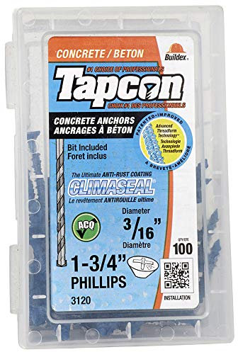 100 Pack 3/16 x 1-3/4 Flat Head Concrete Screws, with Drill Bit