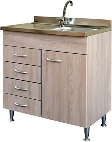 Yellowshop | Mobile sottolavello cm 80 con cassettiera colore Olmo completo di lavello inox serie Basic (Versione Sx)