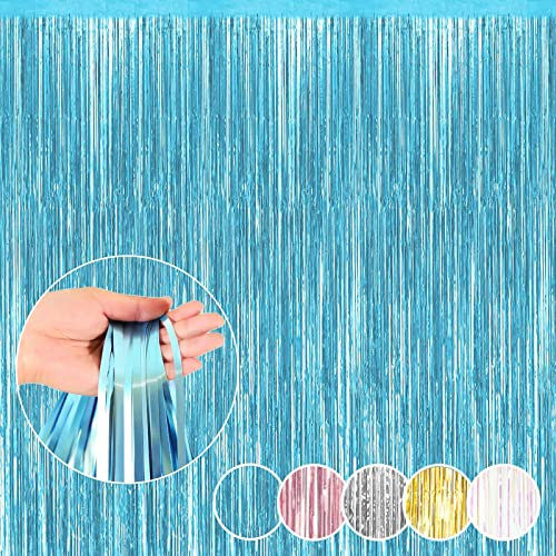 Blue Tinsel Curtains for Birthday Party Decorations, Photo Booth Backdrop Hanging Door Streamers Foil Fringe Curtain-3.2Ft x 6.56Ft