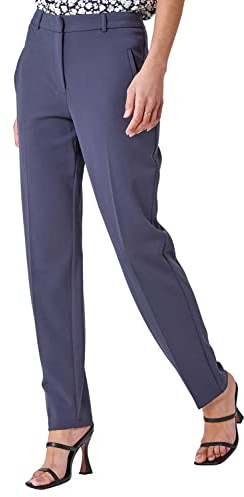 Roman Straight Leg Stretch Trousers for Women UK Ladies Work Office Smart Suit Pants Slacks Cigarette Tailored High Elasticated Waist Ankle Grazer Slim Angela - Long Dark Grey (31 inch) - Size 10
