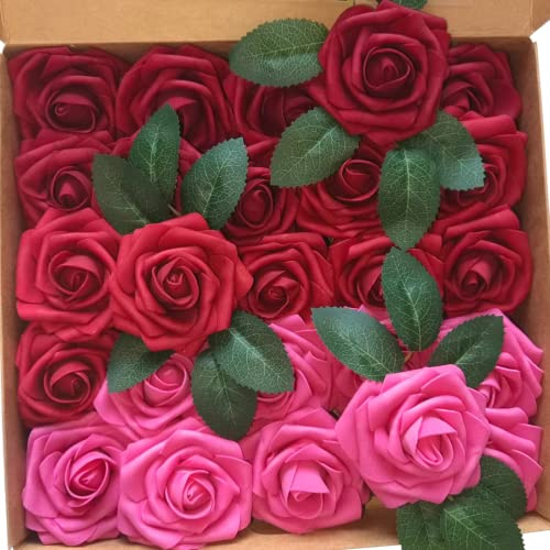 LUSSO LIA 25 pcs Decorative Artificial Flower Foam Roses with Bendable Stems for Wedding Bouquet, Anniversary, Valentine's Day, Table and Home Decoration, DIY, and Arts and Crafts (Red and Pink)