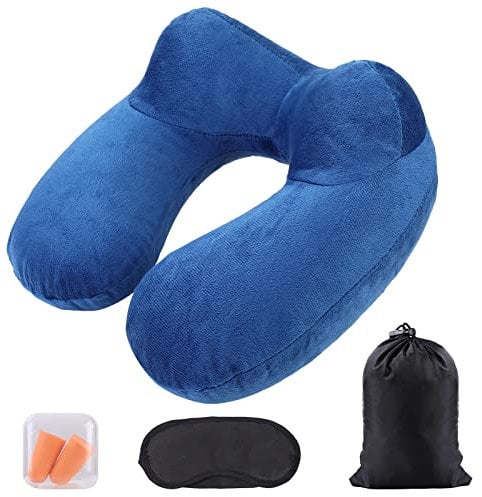 AiQInu Gonflable,Compact Coussin de Voyage avec Taie d'oreiller Lavable, avec Masque pour Dormir+ Bouchons d’Oreilles + Sac Transport,pour Avion et Train