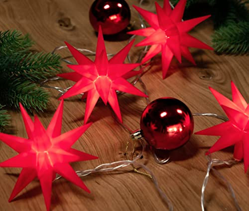 3D Leuchtstern Lichterkette mit 10 LED-Sternen, ca. 6,75m + Zuleitung, für Innenbereich und Außenbereich, warm-weiß beleuchtet, Timerfunktion (rot, 10er Stern-Lichterkette (Netzstecker))