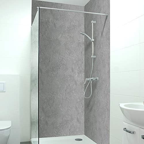 DRUCK-EXPERT Premium Duschrückwand 0,4 mm selbstklebendes Hart-PVC, Größe:3 x B 103 x H 240 cm Hochformat, Muster:Steinwand hellgrau