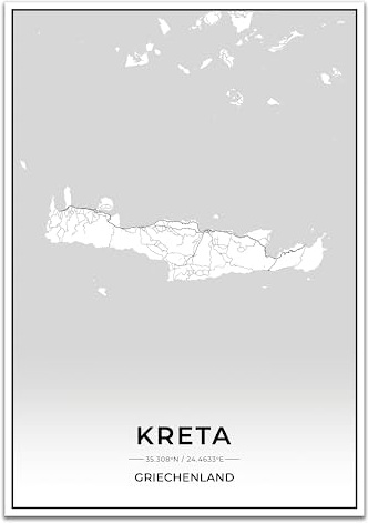 Vacentures Kreta Karten Poster - Premium Wandbild ohne Bilderrahmen I Moderne Wanddeko für Wohnzimmer oder Schlafzimmer I Hochwertiger Druck (Schwarz Weiss, 30x40 CM)