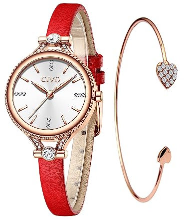CIVO Damen Uhren Leder Minimalistisch Analog Quarz Klassische Uhr Mode Kleid Geschenke für Frauen Mädchen Rot