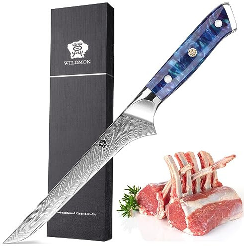 WILDMOK Ausbeinmesser, Japanisches Damaskus Kochmesser, Profi Ausbeinfiletmesser, 17.8 cm Professionelles Ausbeinmesser, Vollerlgriff aus Kunstharz für Fleisch und Geflügel