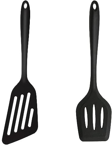 Food Grade Silicone Slotted Fish Turner Spatula Set Kitchen Utensils for Baking Non-Stick BPA Free High Heat Resistant Handy Kitchen Utensils for Cooking(2Black)