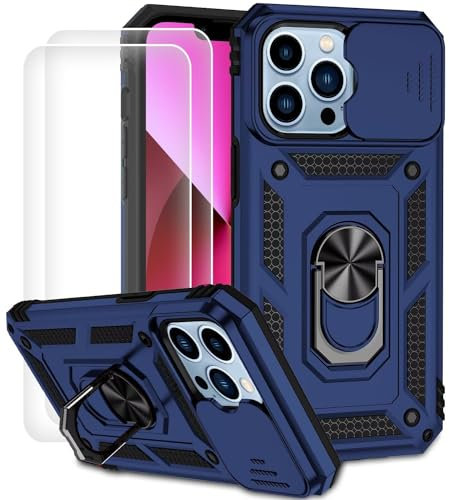 Dechyi Funda para iPhone 13 Pro Carcasa Cubierta de Cámara Deslizante Vidrio Templado con Soporte de Anillo-Azul