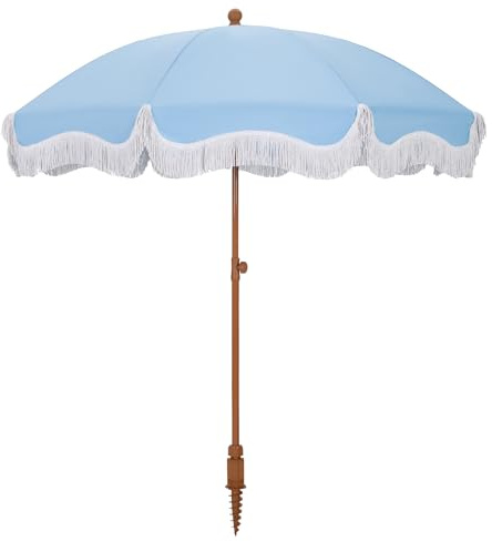 7ft Beach Umbrella with Sand Anchor, Fringe Umbrella for Pool, Blue