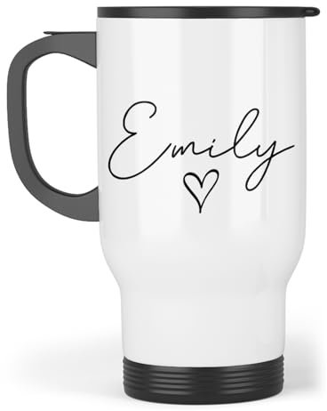 Personalised Travel Mug | Handwritten Heart Travel Mug | Add Any Name | Custom Travel Cup | Girls Travel Mug With Handle, Travel Mug For Women | Stainless Steel