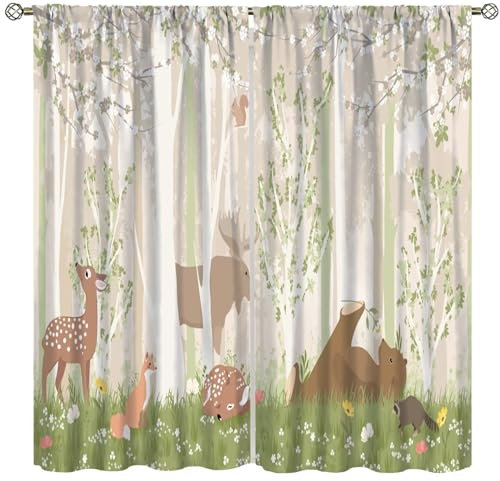 Kindervorhänge mit Waldtieren, Waldtiere, Fuchs, Elch, Bär, Aquarelldruck, Vorhänge für Kinderzimmer, Schlafzimmer, Wohnzimmer, rustikale Safari, Wildtiere, Verdunkelungsvorhänge, Set, 2 Paneele,