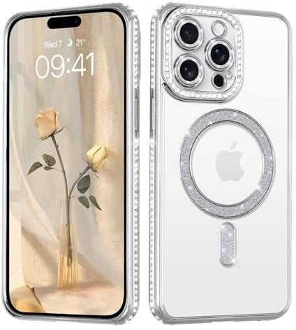 Coalbooliy Cover per iPhone 15 Pro 6,1 Custodia Diamante Glitter Brillare [Compatibile con Mag-Safe], Elettroplaccata Magnetica Trasparente Silicone Case Ragazza Scintillante Luccicanti, Argento