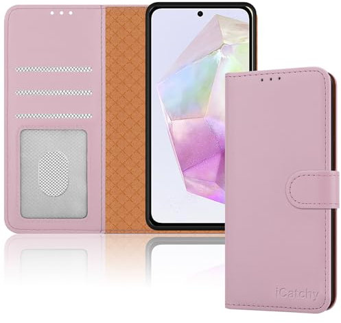 iCatchy for Samsung Galaxy A35 Case Leather Wallet Book Flip Stand View Magnetic Protect RFID Blocking Shockproof Cover compatible with Samsung A35 5G Phone (Rose Gold)
