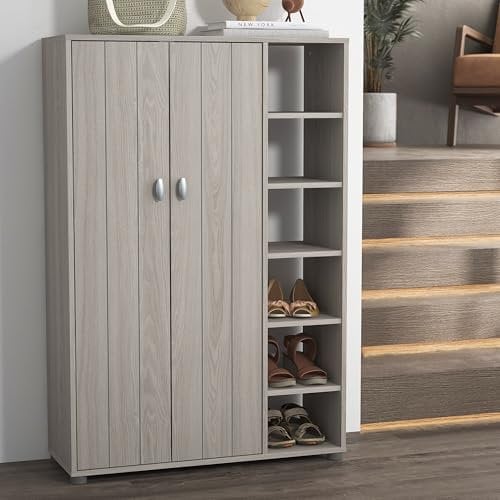 Galano Hansel 24-Pair Shoe Cabinet – Modern 2-Door Freestanding Shoe Rack with Adjustable Shelves – Entryway, Hallway or Bedroom Organiser – Warm Grey Oak – 79.6W x 35.3D x 119.0H cm